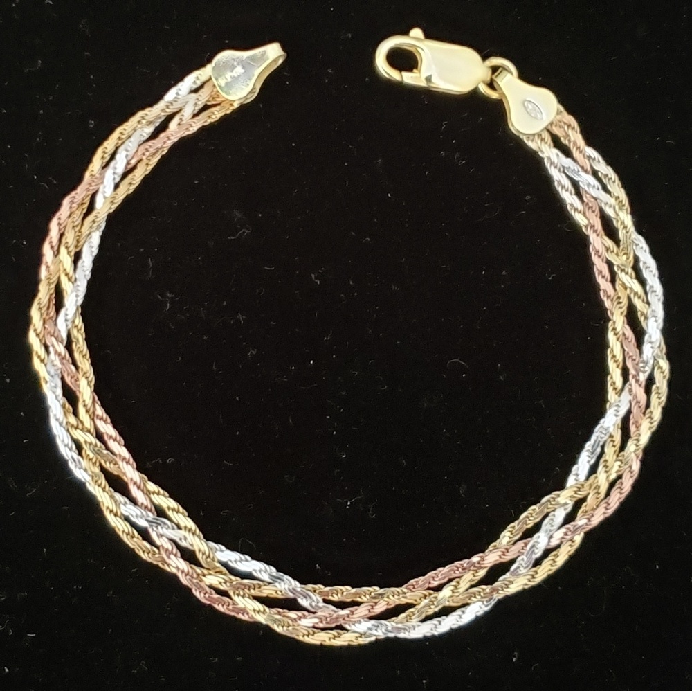 Tri Color sterling silver braided bracelet. 7.5".